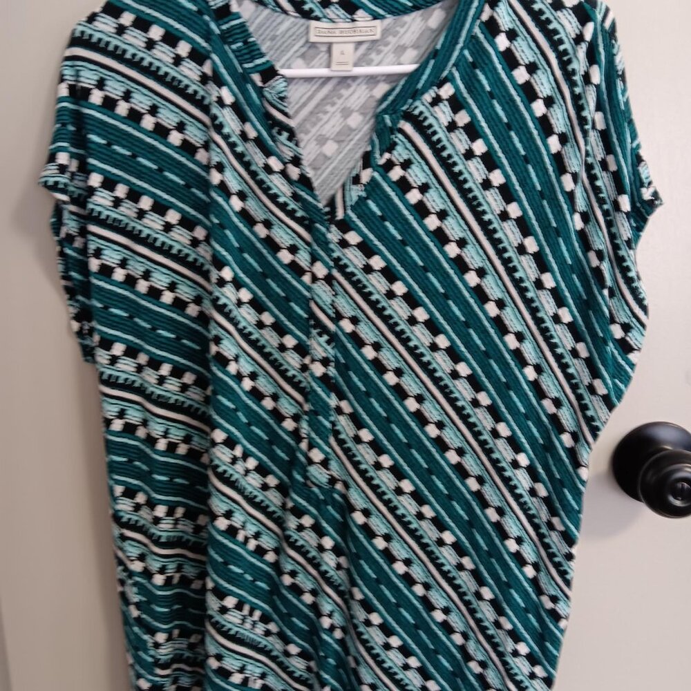 Ladies V-Neck Turquoise, Black & White Large.. Blouse Silky